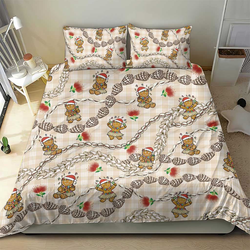 Beige Palaka Hawaii Mele Kalikimaka Bedding Set Ohia Lehua Shell Leis Funny Gingerbread Santa - Polynesian Pride