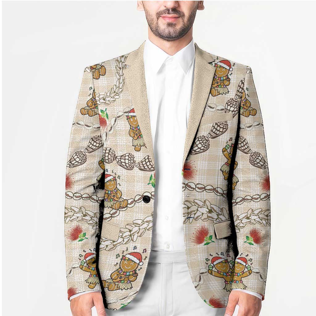 Beige Palaka Hawaii Mele Kalikimaka Blazer Ohia Lehua Shell Leis Funny Gingerbread Santa - Polynesian Pride