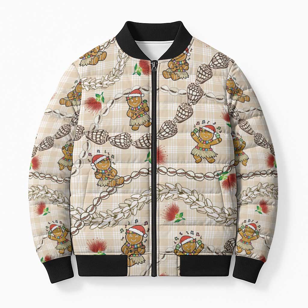 Beige Palaka Hawaii Mele Kalikimaka Bomber Puffer Jacket Ohia Lehua Shell Leis Funny Gingerbread Santa - Polynesian Pride