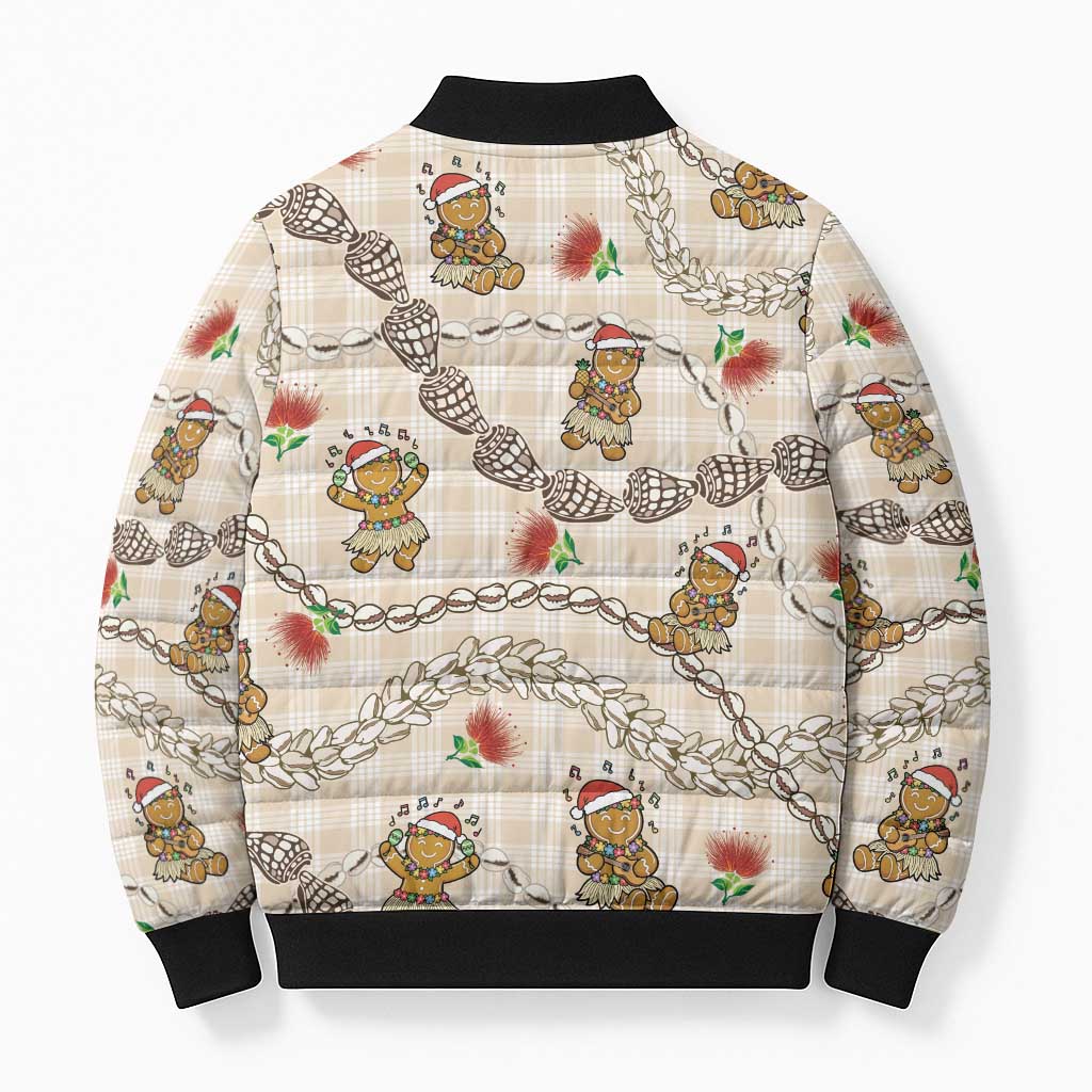 Beige Palaka Hawaii Mele Kalikimaka Bomber Puffer Jacket Ohia Lehua Shell Leis Funny Gingerbread Santa - Polynesian Pride