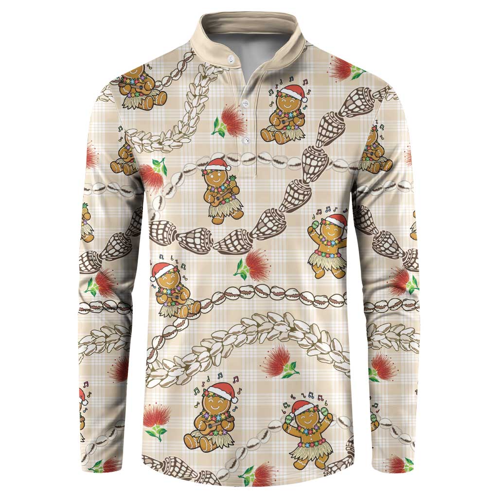 Beige Palaka Hawaii Mele Kalikimaka Button Sweatshirt Ohia Lehua Shell Leis Funny Gingerbread Santa - Polynesian Pride