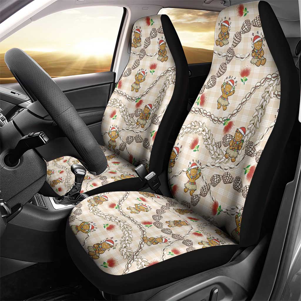 Beige Palaka Hawaii Mele Kalikimaka Car Seat Cover Ohia Lehua Shell Leis Funny Gingerbread Santa - Polynesian Pride