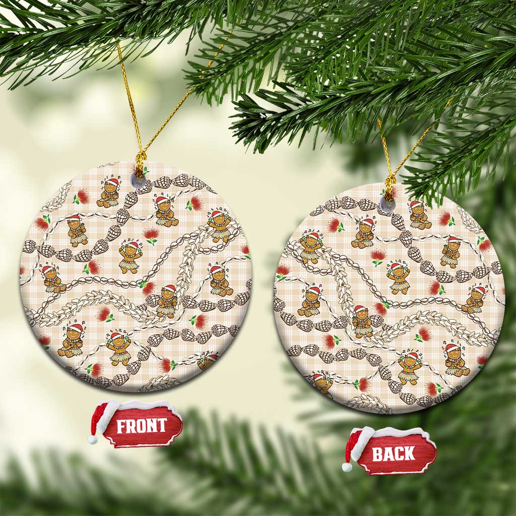 Beige Palaka Hawaii Mele Kalikimaka Ceramic Ornament Ohia Lehua Shell Leis Funny Gingerbread Santa - Polynesian Pride