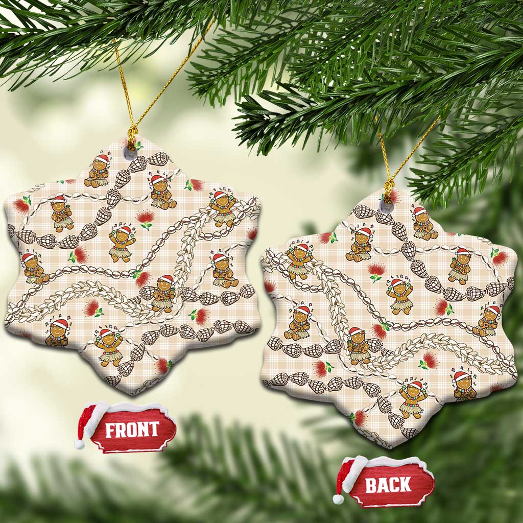 Beige Palaka Hawaii Mele Kalikimaka Ceramic Ornament Ohia Lehua Shell Leis Funny Gingerbread Santa - Polynesian Pride