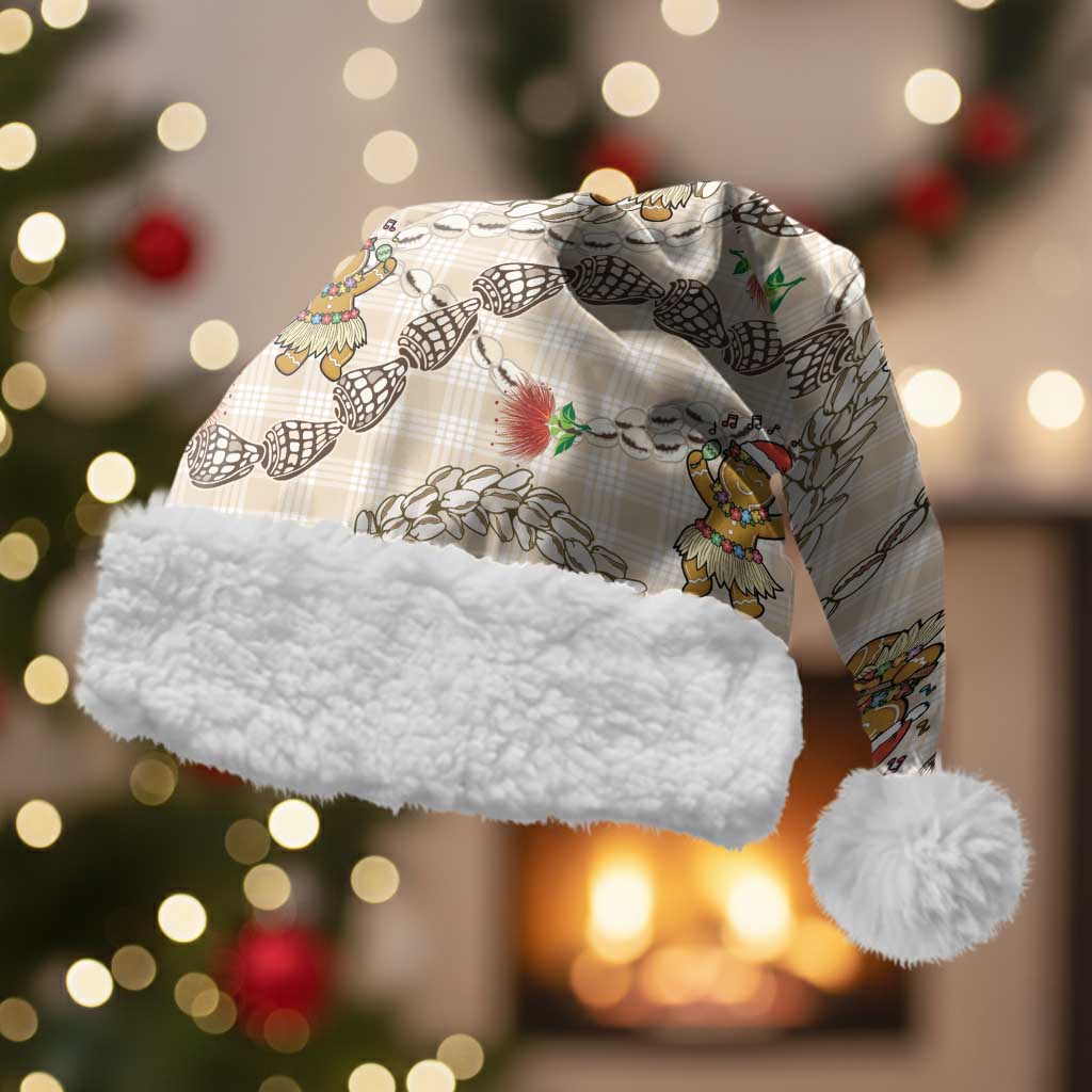 Beige Palaka Hawaii Mele Kalikimaka Christmas Santa Hat Ohia Lehua Shell Leis Funny Gingerbread Santa - Polynesian Pride