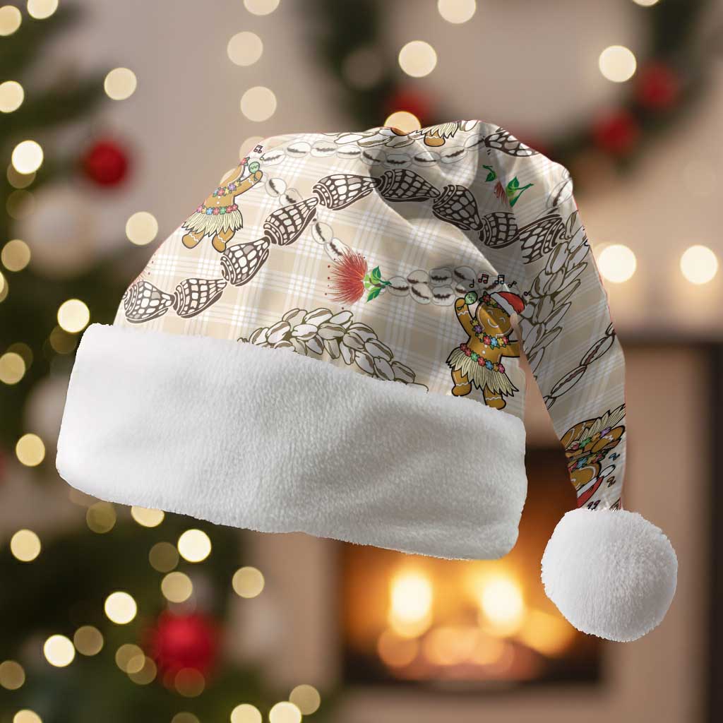 Beige Palaka Hawaii Mele Kalikimaka Christmas Santa Hat Ohia Lehua Shell Leis Funny Gingerbread Santa - Polynesian Pride