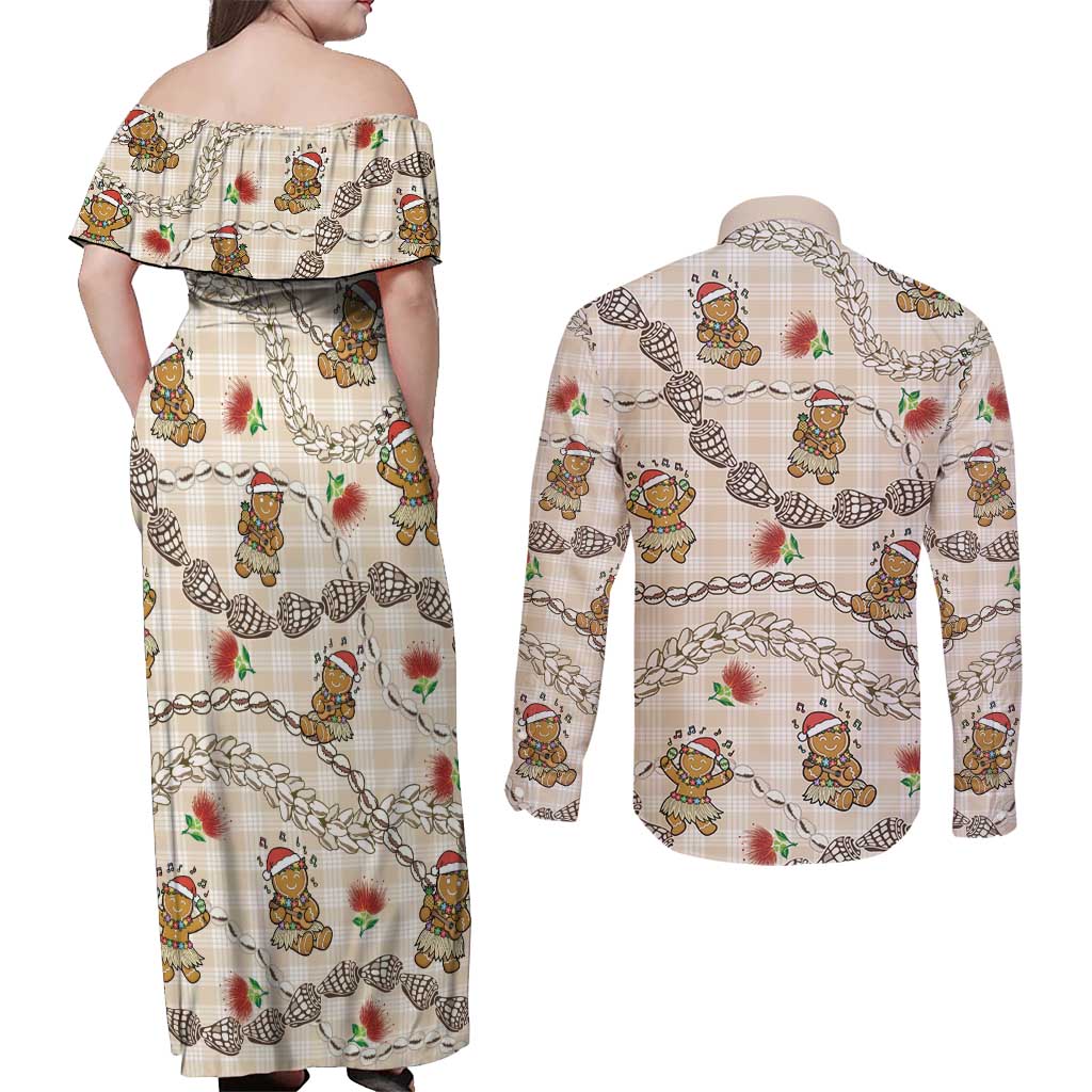 Beige Palaka Hawaii Mele Kalikimaka Couples Matching Off Shoulder Maxi Dress and Long Sleeve Button Shirt Ohia Lehua Shell Leis Funny Gingerbread Santa - Polynesian Pride