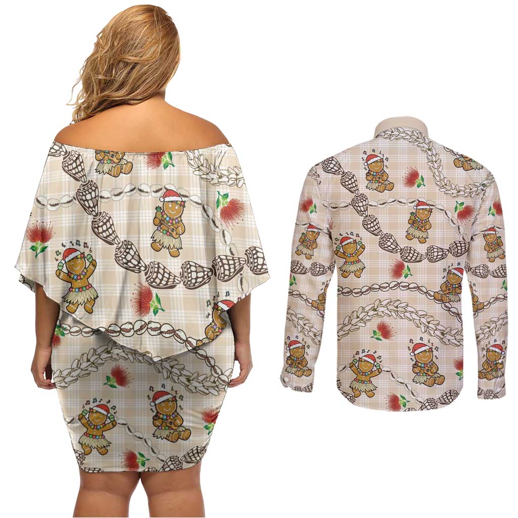 Beige Palaka Hawaii Mele Kalikimaka Couples Matching Off Shoulder Short Dress and Long Sleeve Button Shirt Ohia Lehua Shell Leis Funny Gingerbread Santa - Polynesian Pride