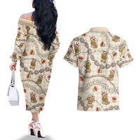 Beige Palaka Hawaii Mele Kalikimaka Couples Matching Off The Shoulder Long Sleeve Dress and Hawaiian Shirt Ohia Lehua Shell Leis Funny Gingerbread Santa - Polynesian Pride