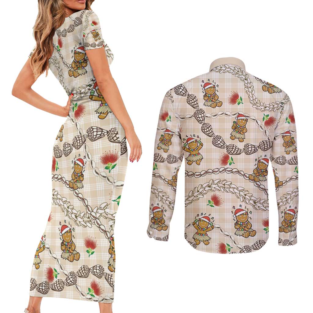 Beige Palaka Hawaii Mele Kalikimaka Couples Matching Short Sleeve Bodycon Dress and Long Sleeve Button Shirt Ohia Lehua Shell Leis Funny Gingerbread Santa - Polynesian Pride