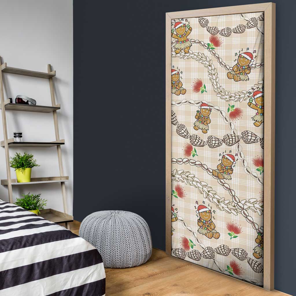 Beige Palaka Hawaii Mele Kalikimaka Door Cover Ohia Lehua Shell Leis Funny Gingerbread Santa - Polynesian Pride