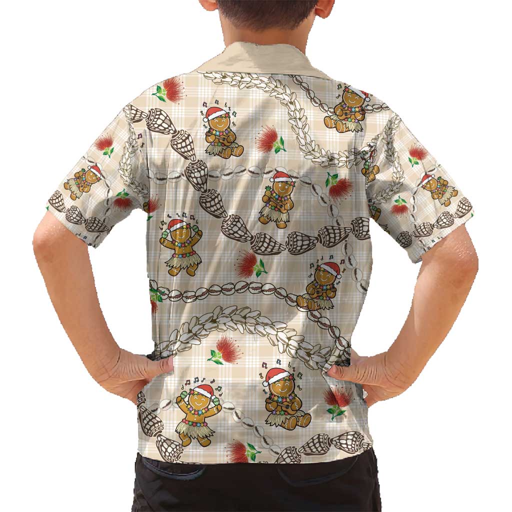 Beige Palaka Hawaii Mele Kalikimaka Family Matching Long Sleeve Bodycon Dress and Hawaiian Shirt Ohia Lehua Shell Leis Funny Gingerbread Santa - Polynesian Pride