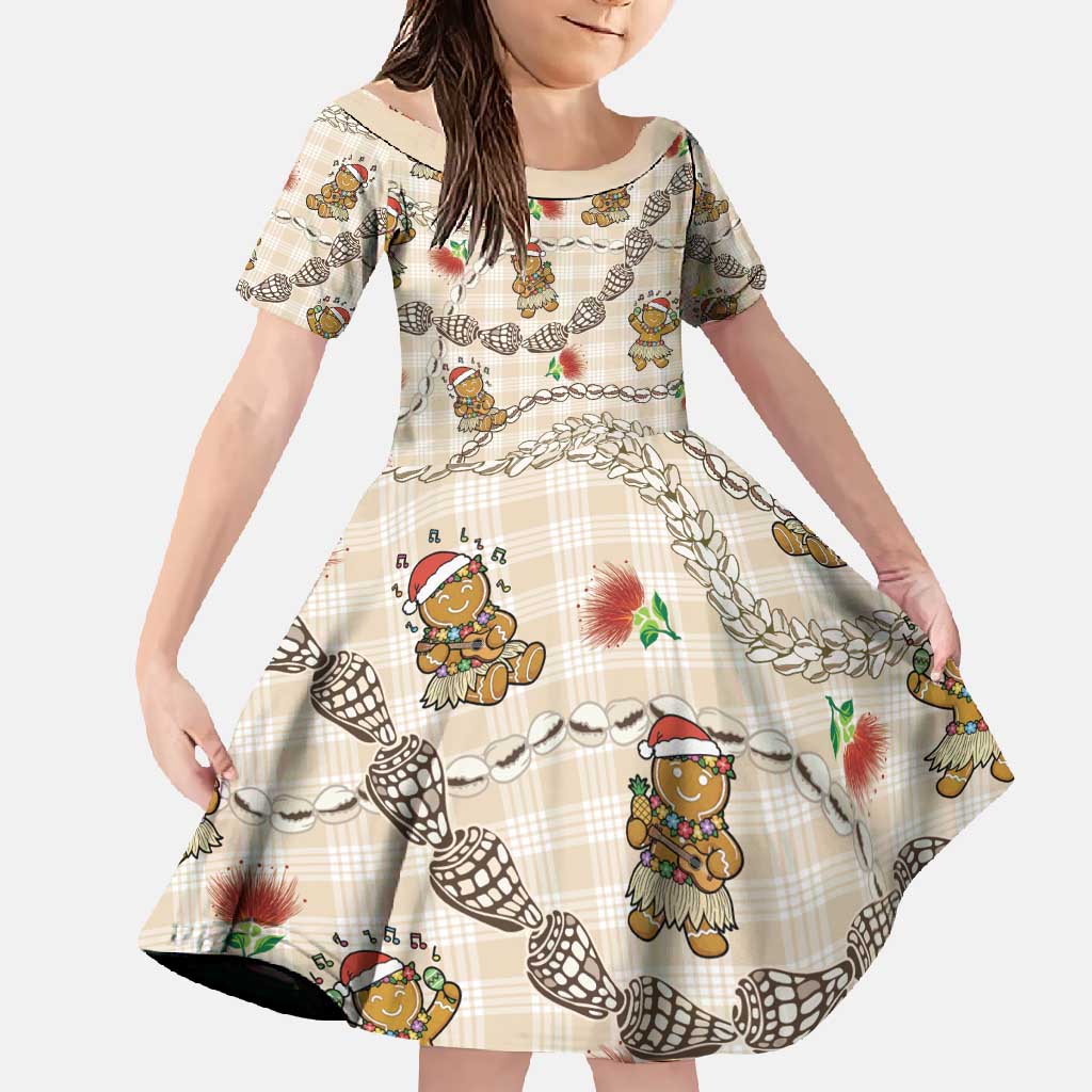 Beige Palaka Hawaii Mele Kalikimaka Family Matching Long Sleeve Bodycon Dress and Hawaiian Shirt Ohia Lehua Shell Leis Funny Gingerbread Santa - Polynesian Pride