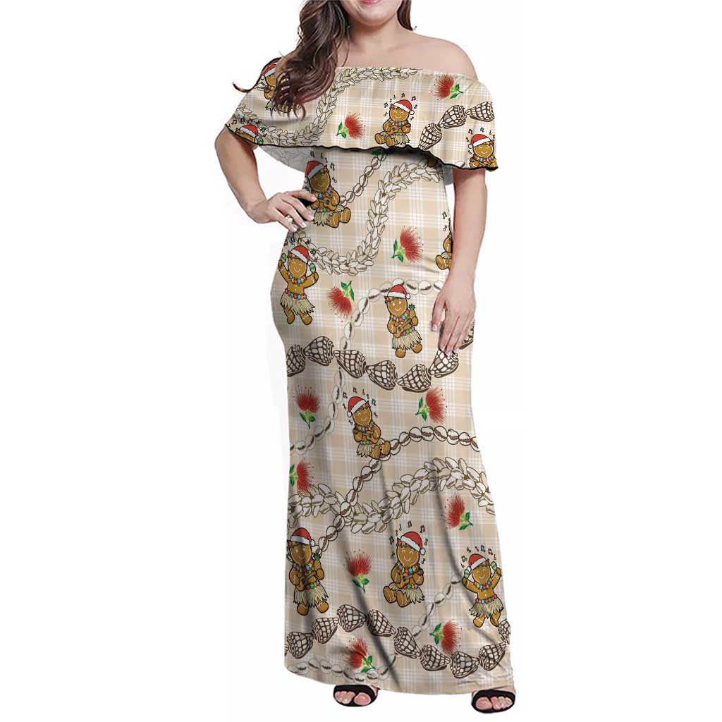 Beige Palaka Hawaii Mele Kalikimaka Family Matching Off Shoulder Maxi Dress and Hawaiian Shirt Ohia Lehua Shell Leis Funny Gingerbread Santa - Polynesian Pride
