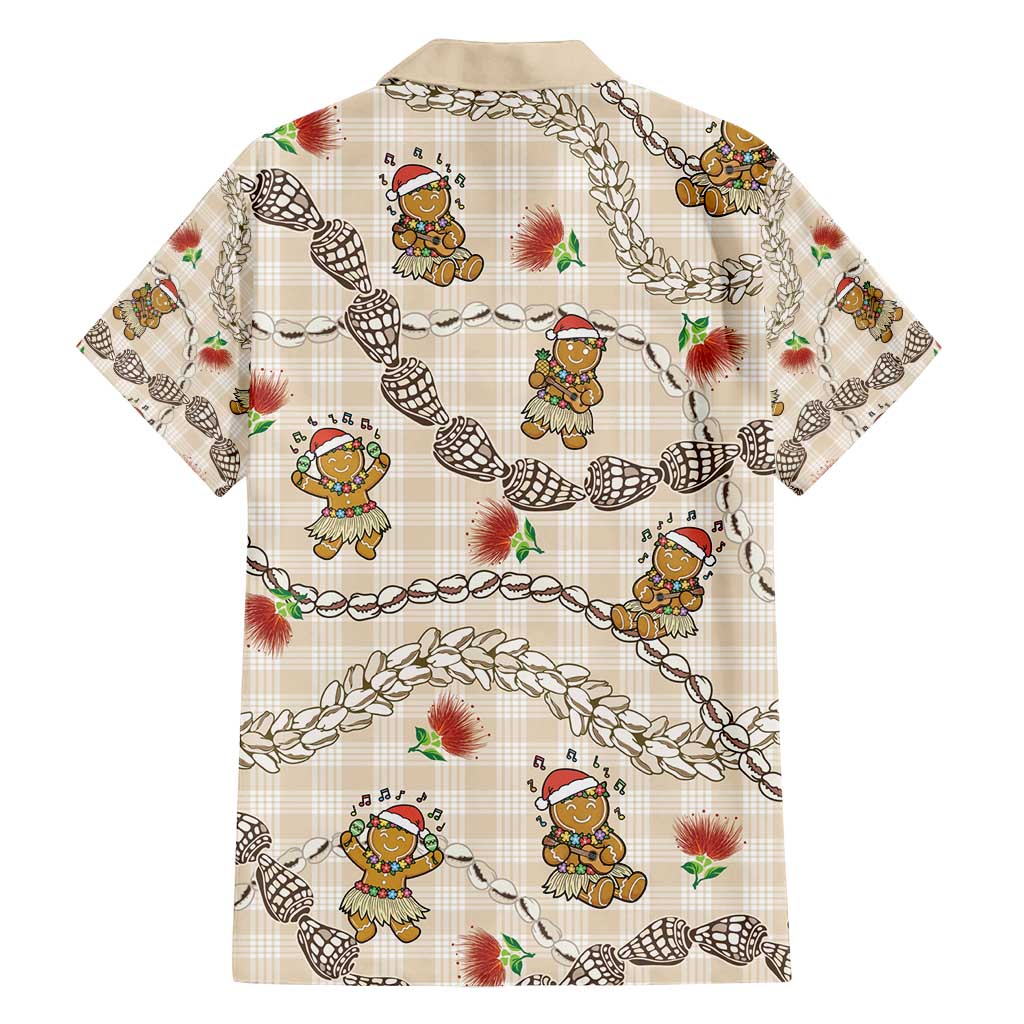 Beige Palaka Hawaii Mele Kalikimaka Family Matching Off Shoulder Short Dress and Hawaiian Shirt Ohia Lehua Shell Leis Funny Gingerbread Santa - Polynesian Pride