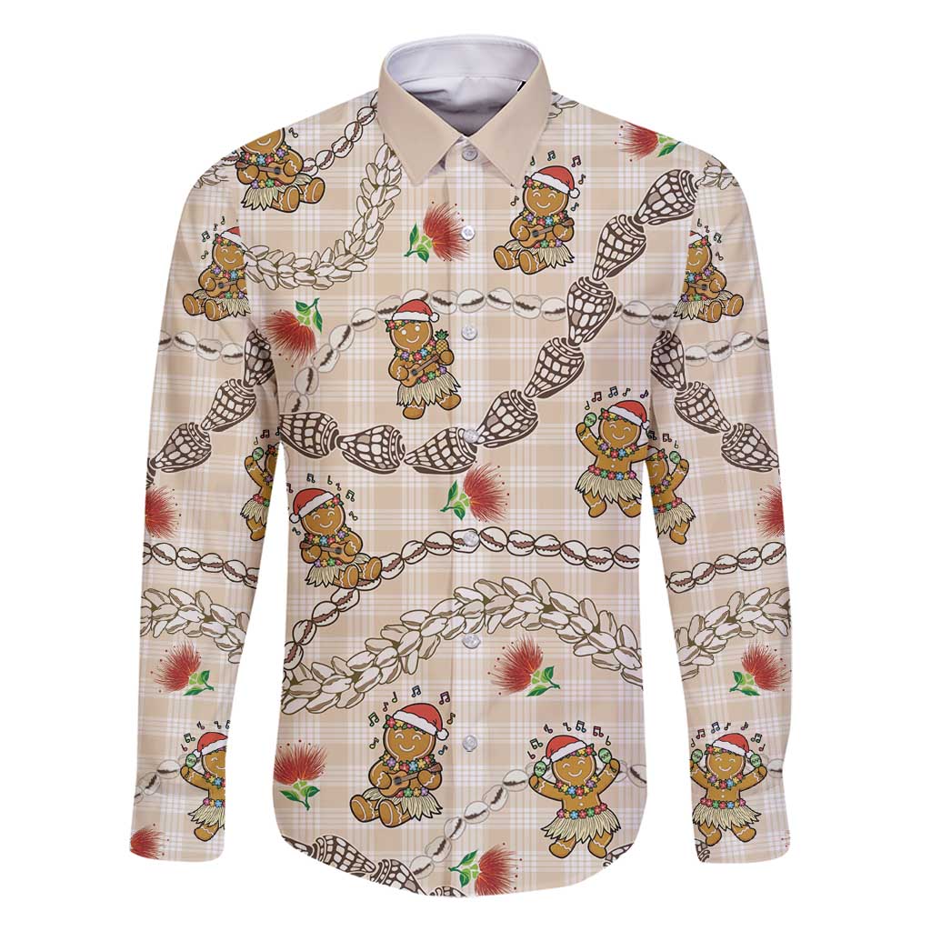 Beige Palaka Hawaii Mele Kalikimaka Family Matching Off Shoulder Short Dress and Hawaiian Shirt Ohia Lehua Shell Leis Funny Gingerbread Santa - Polynesian Pride
