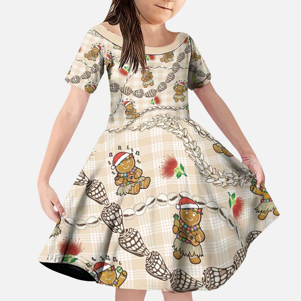 Beige Palaka Hawaii Mele Kalikimaka Family Matching Puletasi and Hawaiian Shirt Ohia Lehua Shell Leis Funny Gingerbread Santa - Polynesian Pride