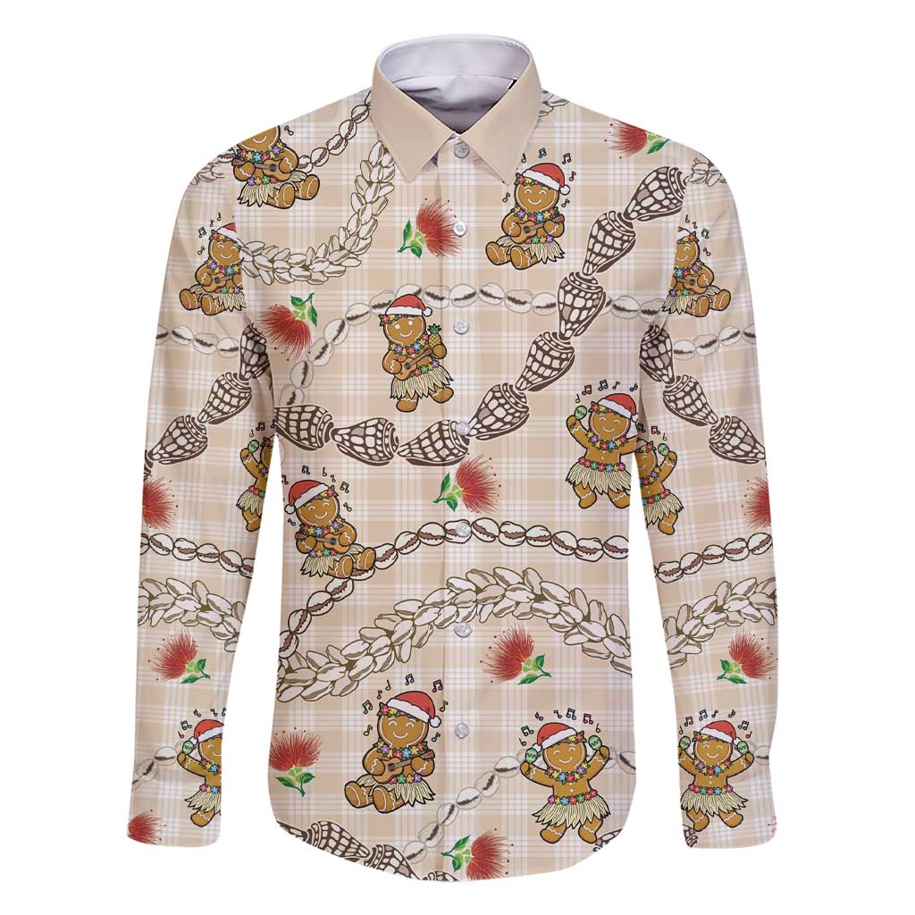 Beige Palaka Hawaii Mele Kalikimaka Family Matching Short Sleeve Bodycon Dress and Hawaiian Shirt Ohia Lehua Shell Leis Funny Gingerbread Santa - Polynesian Pride