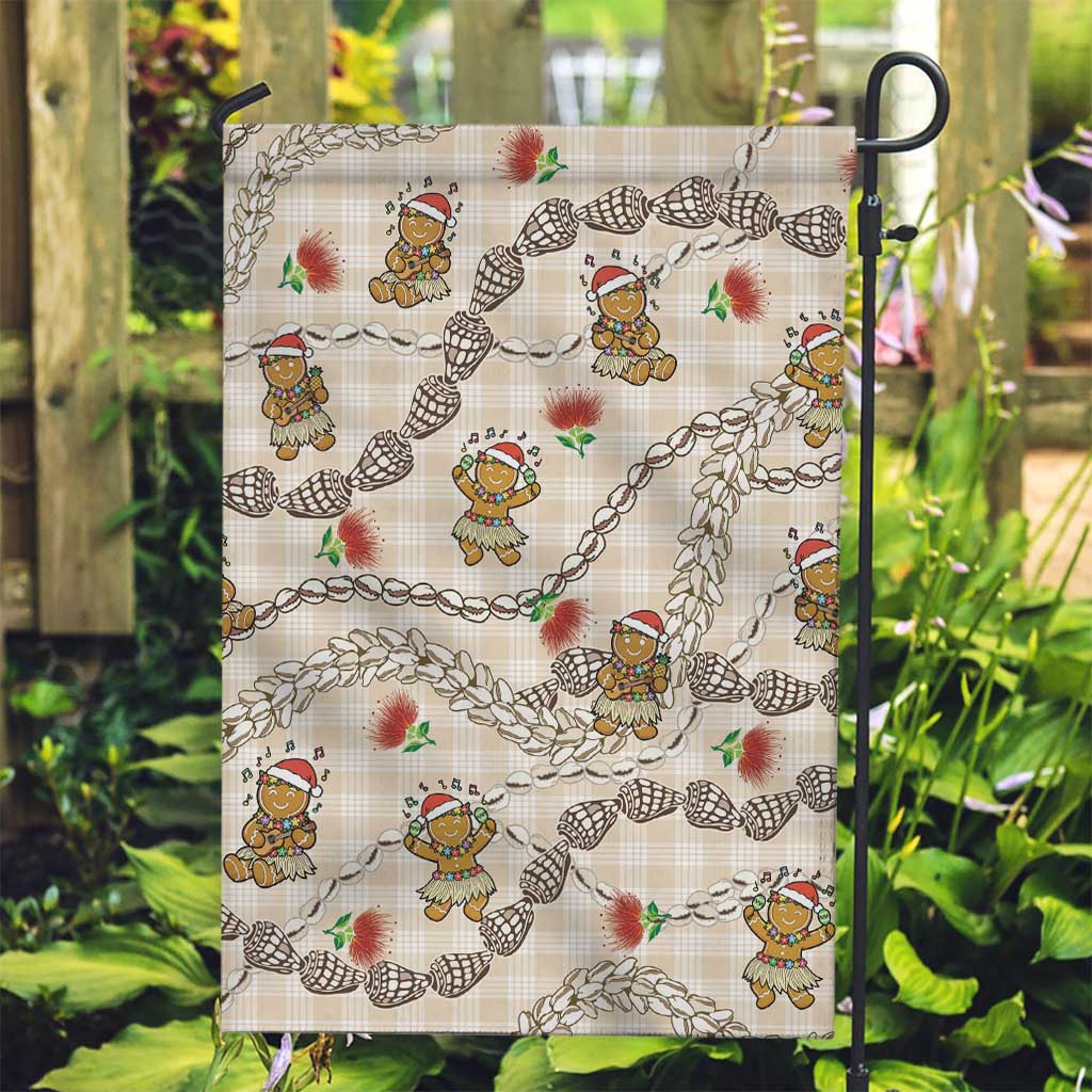Beige Palaka Hawaii Mele Kalikimaka Garden Flag Ohia Lehua Shell Leis Funny Gingerbread Santa - Polynesian Pride