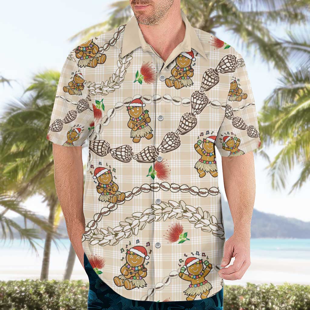 Beige Palaka Hawaii Mele Kalikimaka Hawaiian Shirt Ohia Lehua Shell Leis Funny Gingerbread Santa - Polynesian Pride