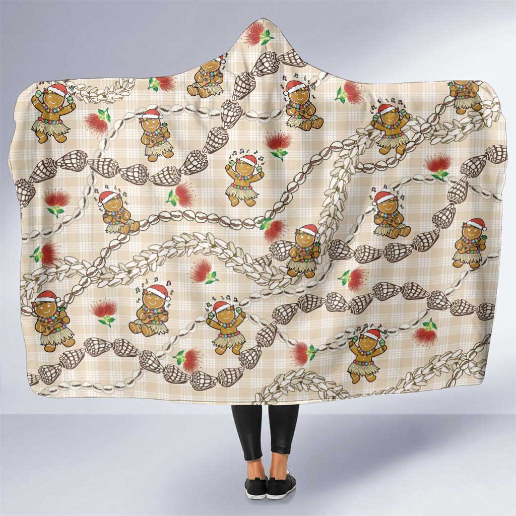 Beige Palaka Hawaii Mele Kalikimaka Hooded Blanket Ohia Lehua Shell Leis Funny Gingerbread Santa - Polynesian Pride