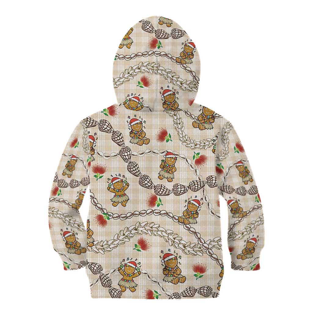Beige Palaka Hawaii Mele Kalikimaka Kid Hoodie Ohia Lehua Shell Leis Funny Gingerbread Santa - Polynesian Pride