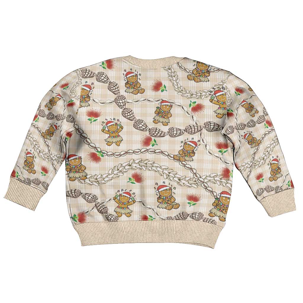 Beige Palaka Hawaii Mele Kalikimaka Kid Ugly Christmas Sweater Ohia Lehua Shell Leis Funny Gingerbread Santa - Polynesian Pride