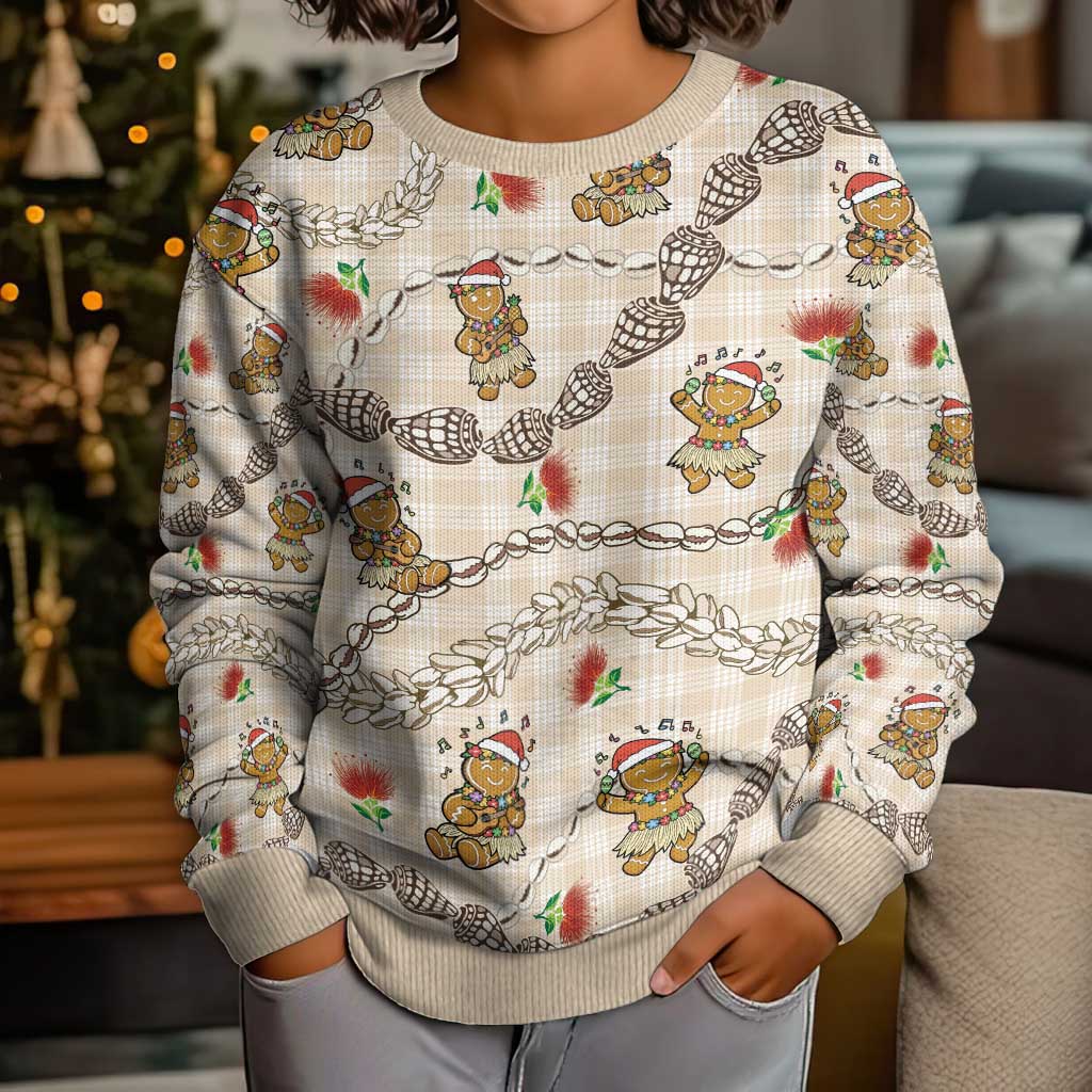 Beige Palaka Hawaii Mele Kalikimaka Kid Ugly Christmas Sweater Ohia Lehua Shell Leis Funny Gingerbread Santa - Polynesian Pride