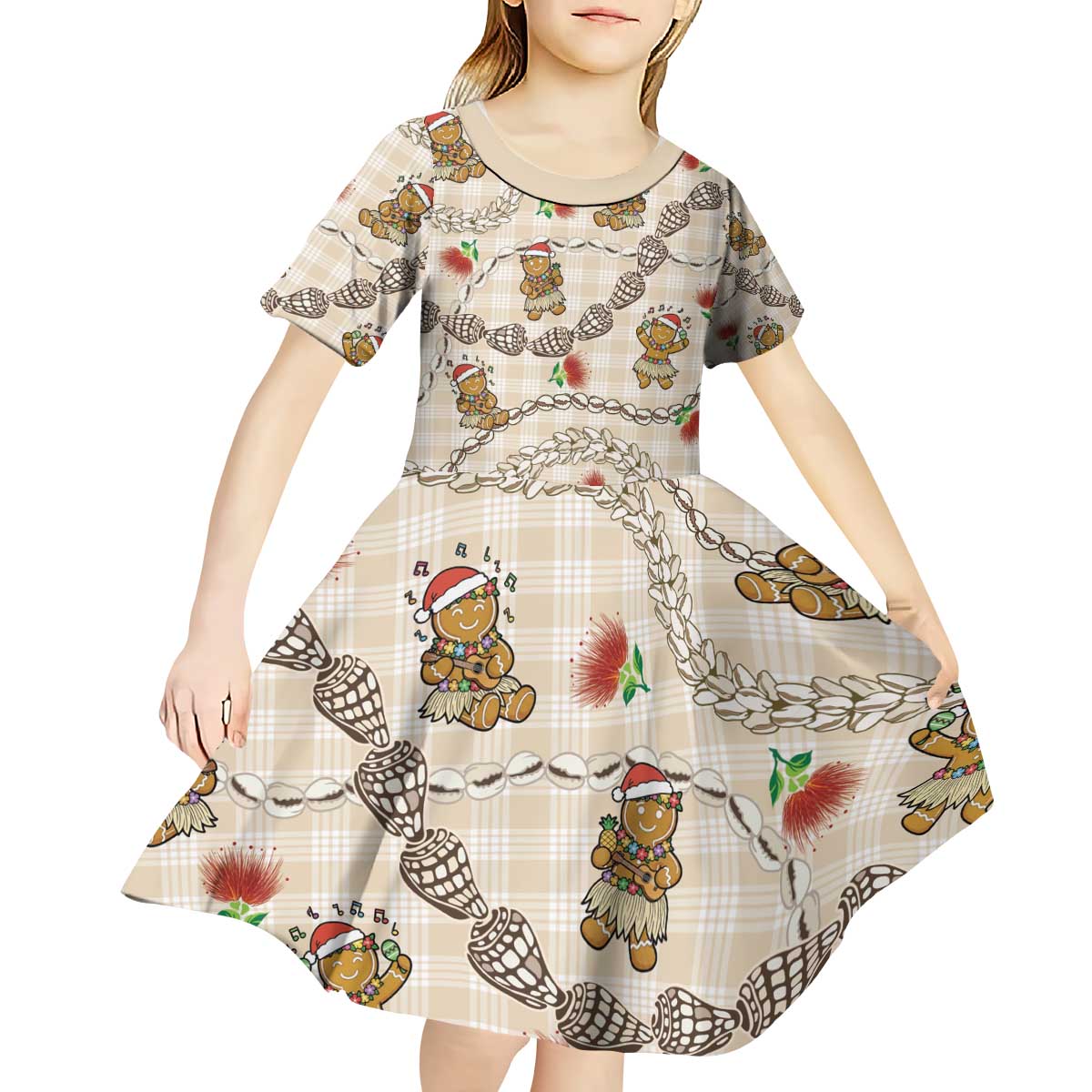 Beige Palaka Hawaii Mele Kalikimaka Kid Short Sleeve Dress Ohia Lehua Shell Leis Funny Gingerbread Santa - Polynesian Pride