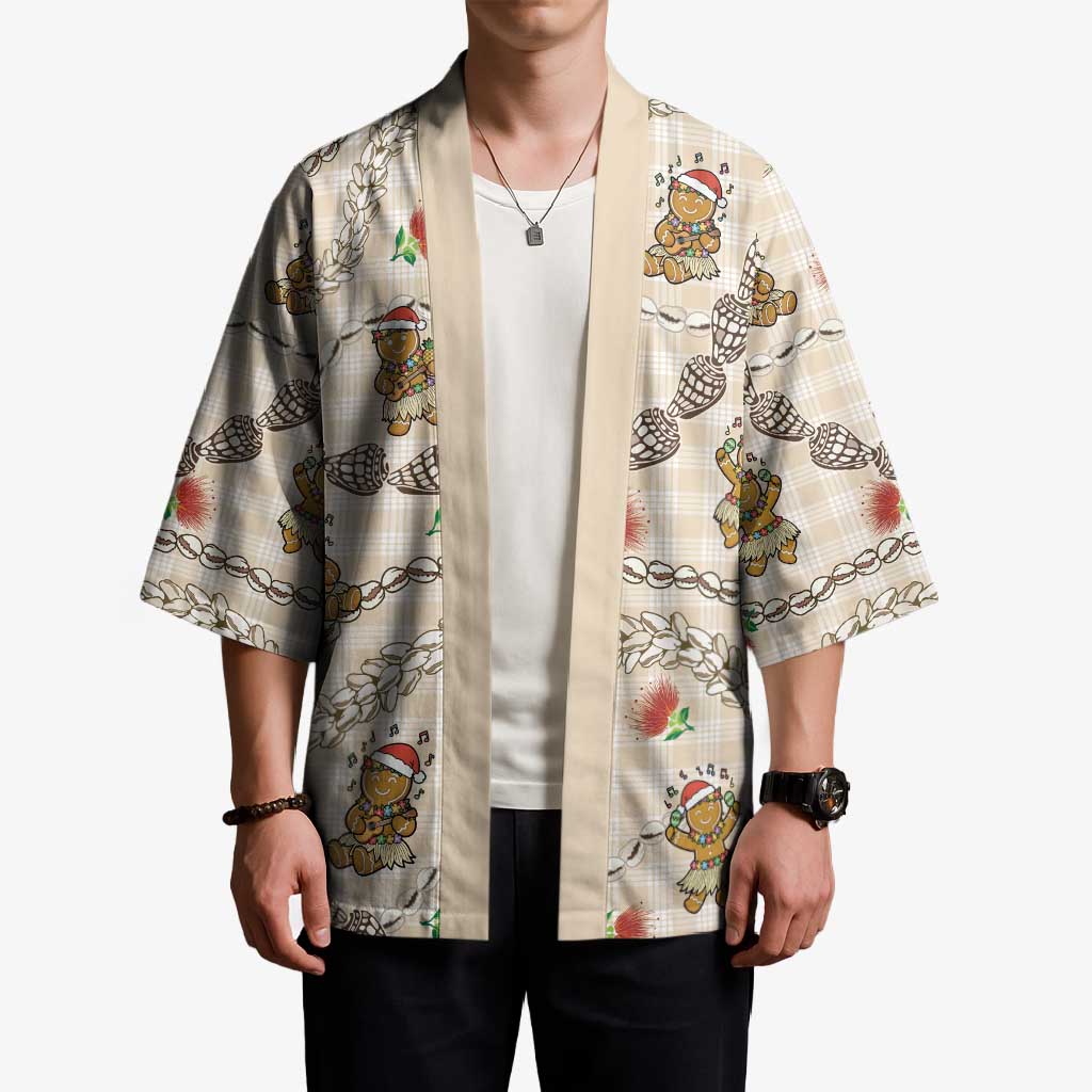 Beige Palaka Hawaii Mele Kalikimaka Kimono Ohia Lehua Shell Leis Funny Gingerbread Santa - Polynesian Pride