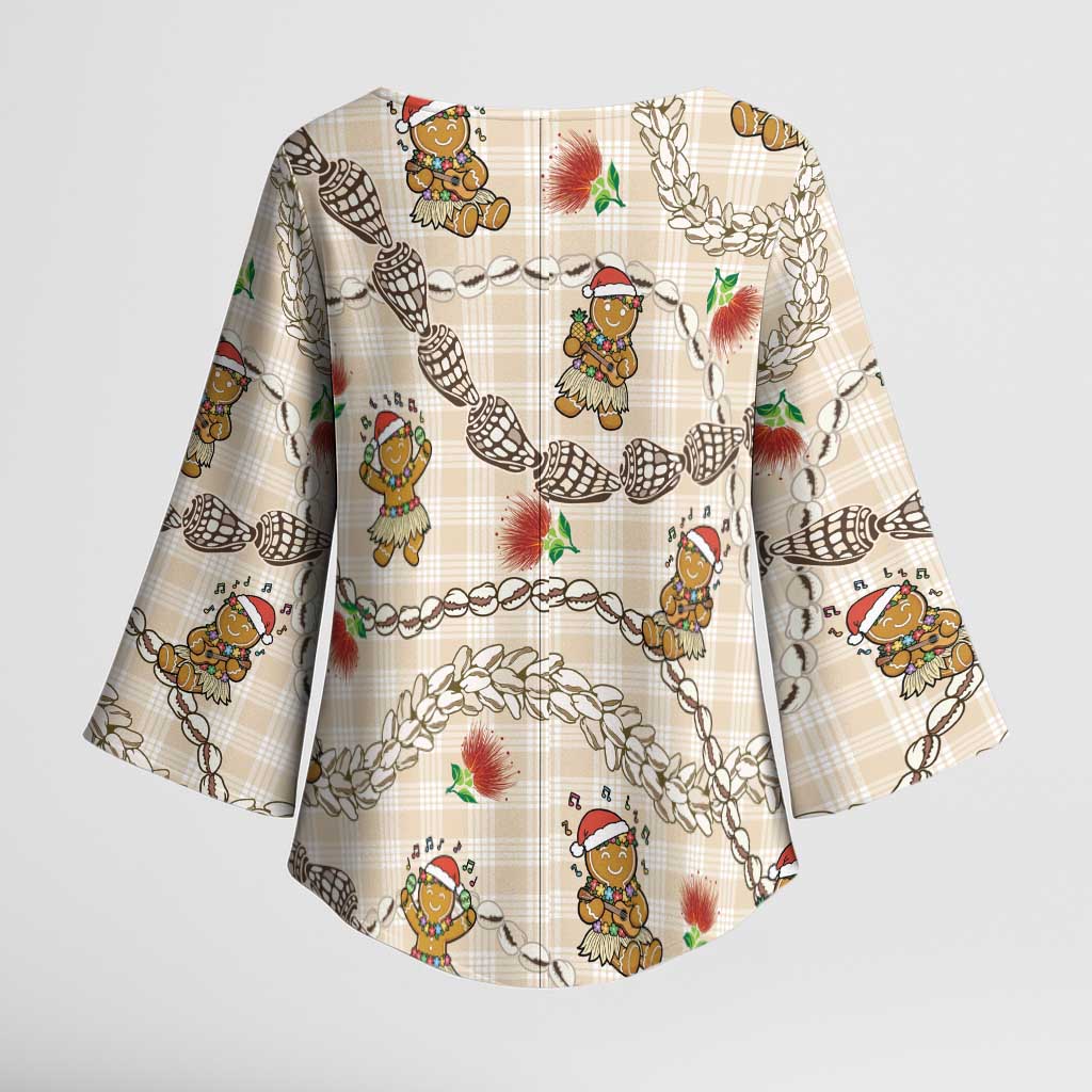 Beige Palaka Hawaii Mele Kalikimaka Kimono Sleeve Blouse Ohia Lehua Shell Leis Funny Gingerbread Santa - Polynesian Pride