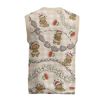 Beige Palaka Hawaii Mele Kalikimaka Christmas Knitted V-Neck Vest Ohia Lehua Shell Leis Funny Gingerbread Santa - Polynesian Pride