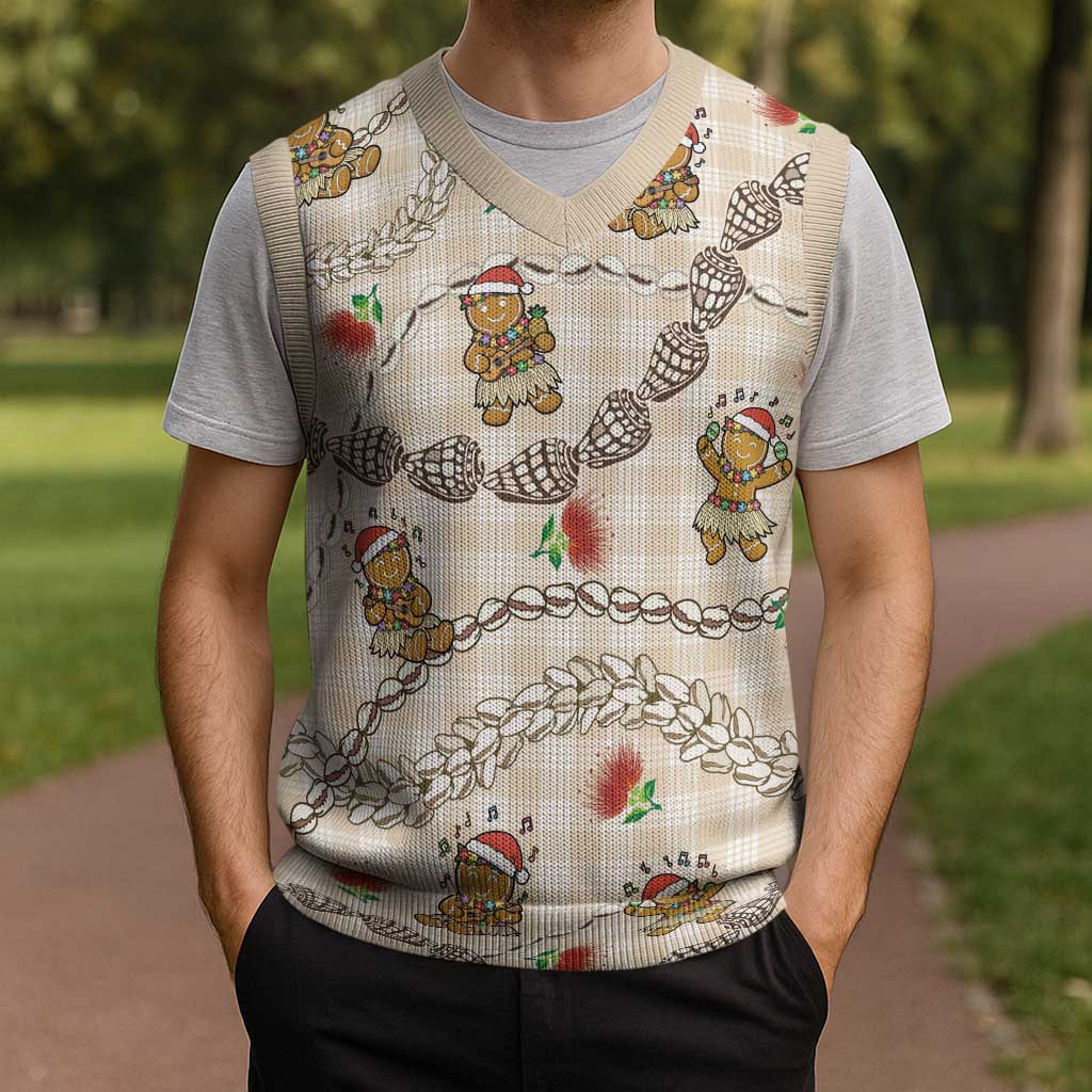 Beige Palaka Hawaii Mele Kalikimaka Christmas Knitted V-Neck Vest Ohia Lehua Shell Leis Funny Gingerbread Santa - Polynesian Pride
