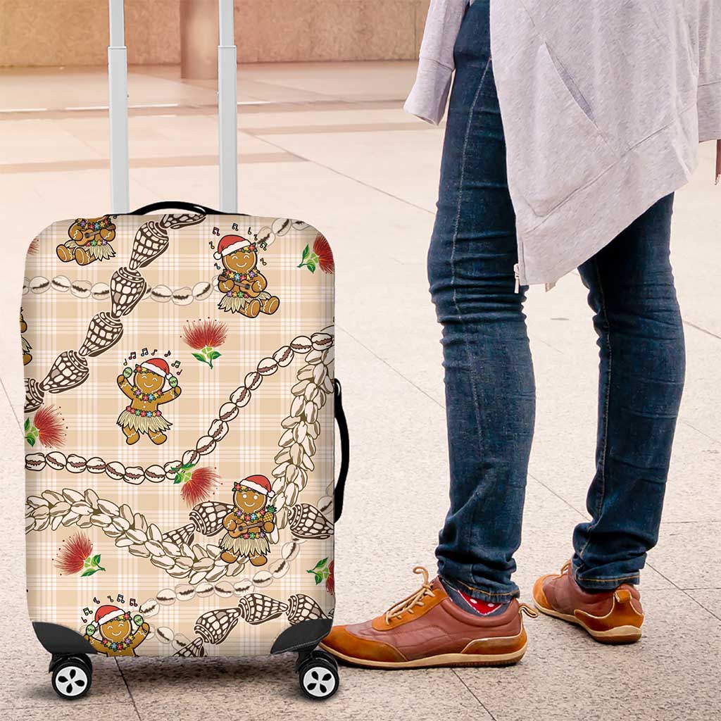 Beige Palaka Hawaii Mele Kalikimaka Luggage Cover Ohia Lehua Shell Leis Funny Gingerbread Santa - Polynesian Pride
