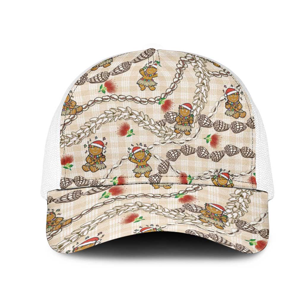 Beige Palaka Hawaii Mele Kalikimaka Mesh Trucker Cap Ohia Lehua Shell Leis Funny Gingerbread Santa - Polynesian Pride