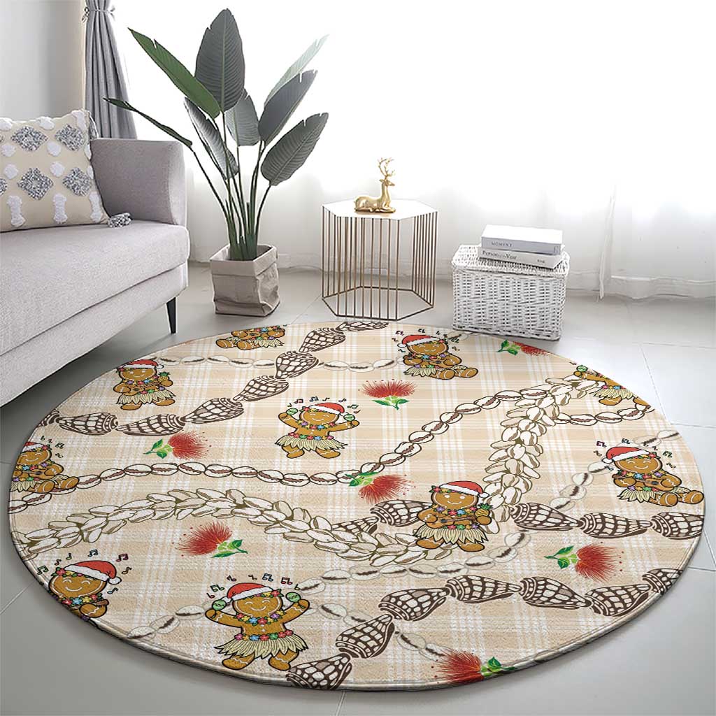 Beige Palaka Hawaii Mele Kalikimaka Round Carpet Ohia Lehua Shell Leis Funny Gingerbread Santa - Polynesian Pride