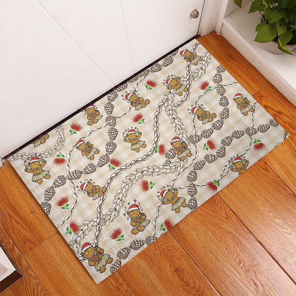 Beige Palaka Hawaii Mele Kalikimaka Rubber Doormat Ohia Lehua Shell Leis Funny Gingerbread Santa - Polynesian Pride