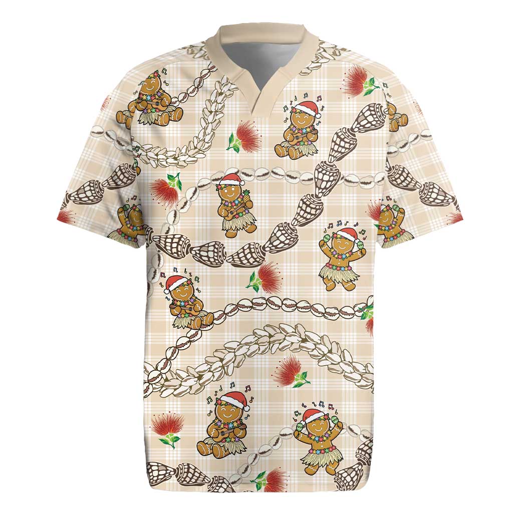 Beige Palaka Hawaii Mele Kalikimaka Rugby Jersey Ohia Lehua Shell Leis Funny Gingerbread Santa - Polynesian Pride