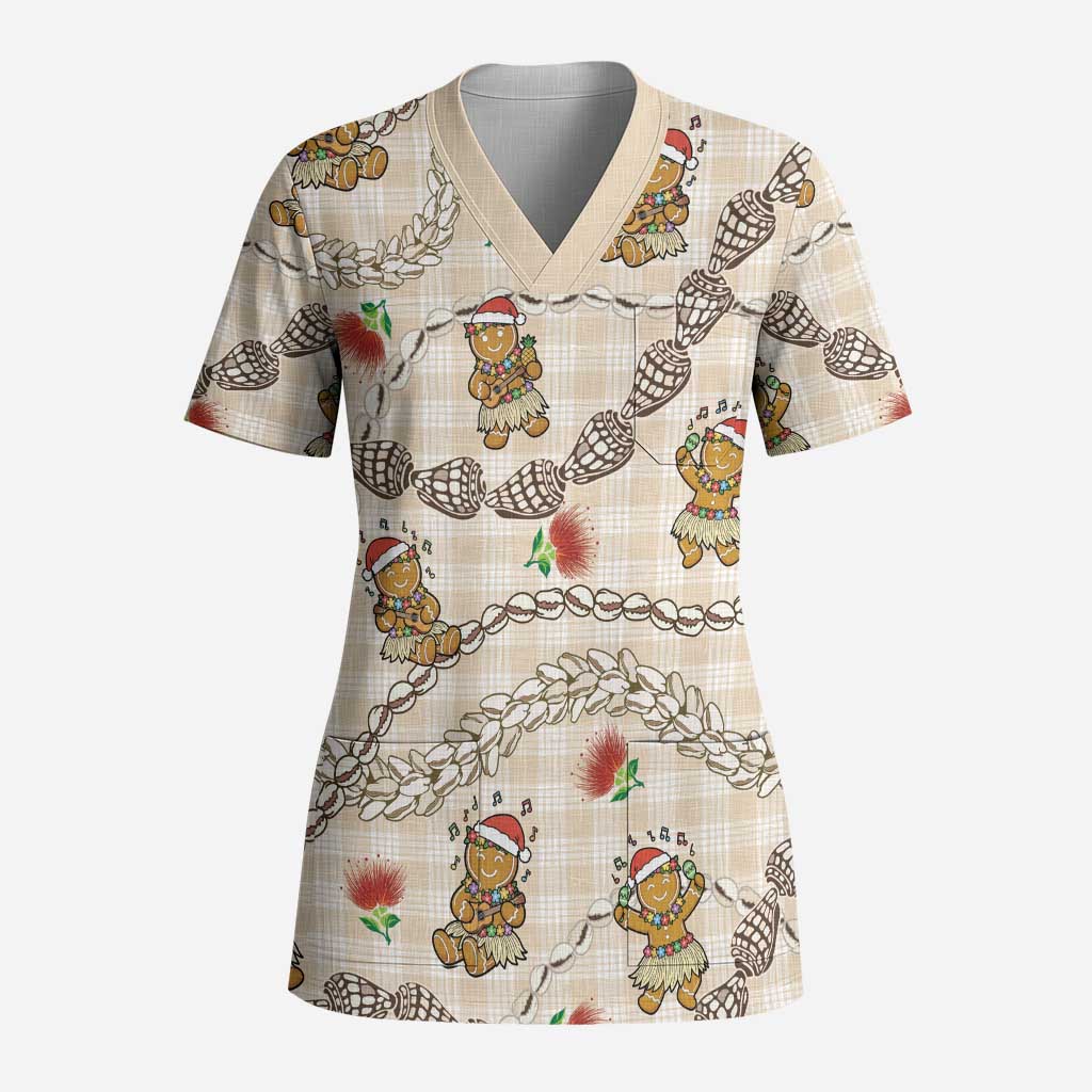 Beige Palaka Hawaii Mele Kalikimaka Scrub Top Ohia Lehua Shell Leis Funny Gingerbread Santa - Polynesian Pride