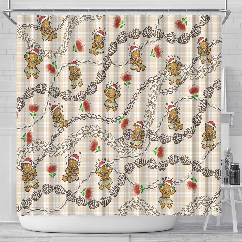 Beige Palaka Hawaii Mele Kalikimaka Shower Curtain Ohia Lehua Shell Leis Funny Gingerbread Santa - Polynesian Pride