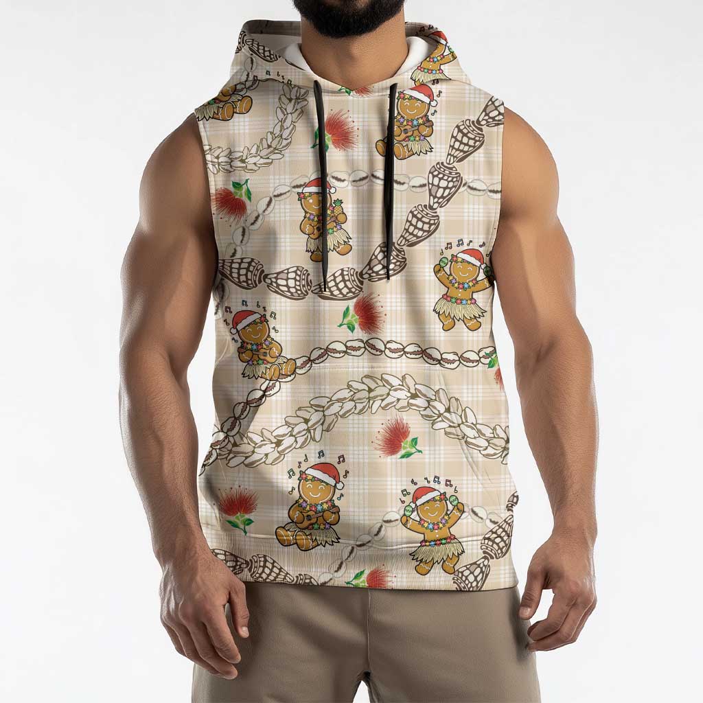 Beige Palaka Hawaii Mele Kalikimaka Sleeveless Hoodie Ohia Lehua Shell Leis Funny Gingerbread Santa - Polynesian Pride