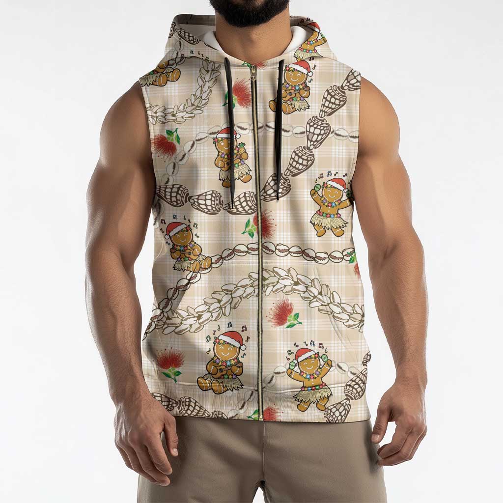 Beige Palaka Hawaii Mele Kalikimaka Sleeveless Zip Hoodie Ohia Lehua Shell Leis Funny Gingerbread Santa - Polynesian Pride