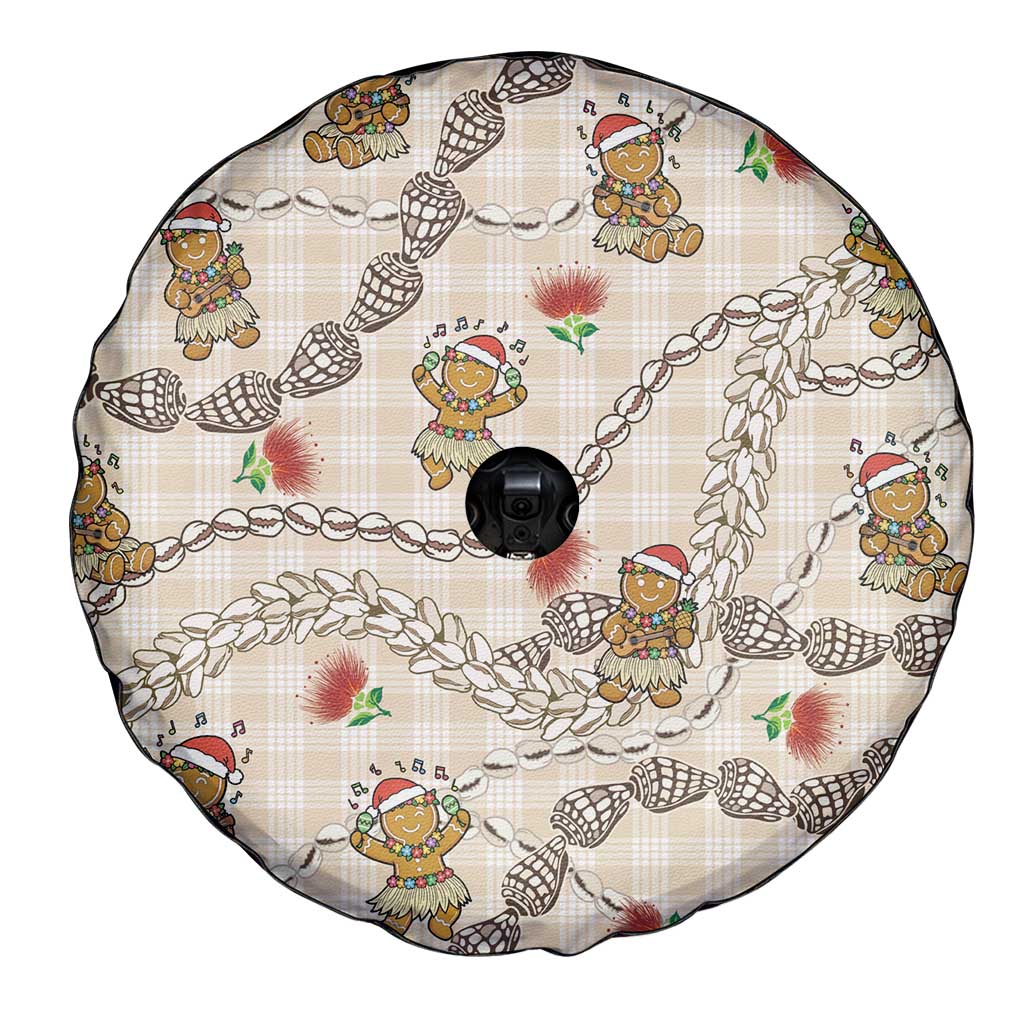 Beige Palaka Hawaii Mele Kalikimaka Spare Tire Cover Ohia Lehua Shell Leis Funny Gingerbread Santa - Polynesian Pride