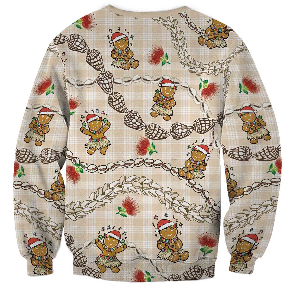 Beige Palaka Hawaii Mele Kalikimaka Sweatshirt Ohia Lehua Shell Leis Funny Gingerbread Santa - Polynesian Pride