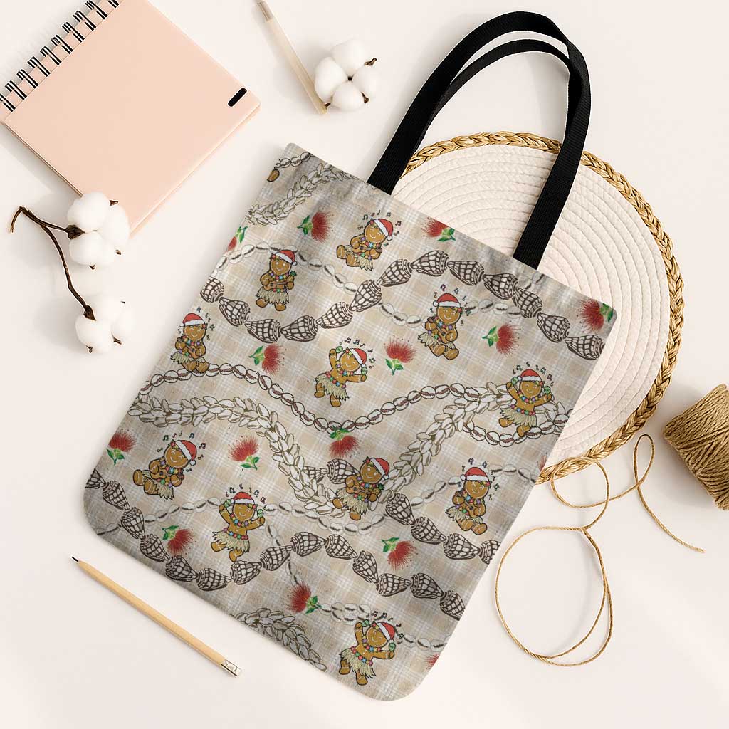 Beige Palaka Hawaii Mele Kalikimaka Tote Bag Ohia Lehua Shell Leis Funny Gingerbread Santa - Polynesian Pride