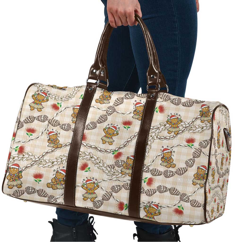 Beige Palaka Hawaii Mele Kalikimaka Travel Bag Ohia Lehua Shell Leis Funny Gingerbread Santa - Polynesian Pride