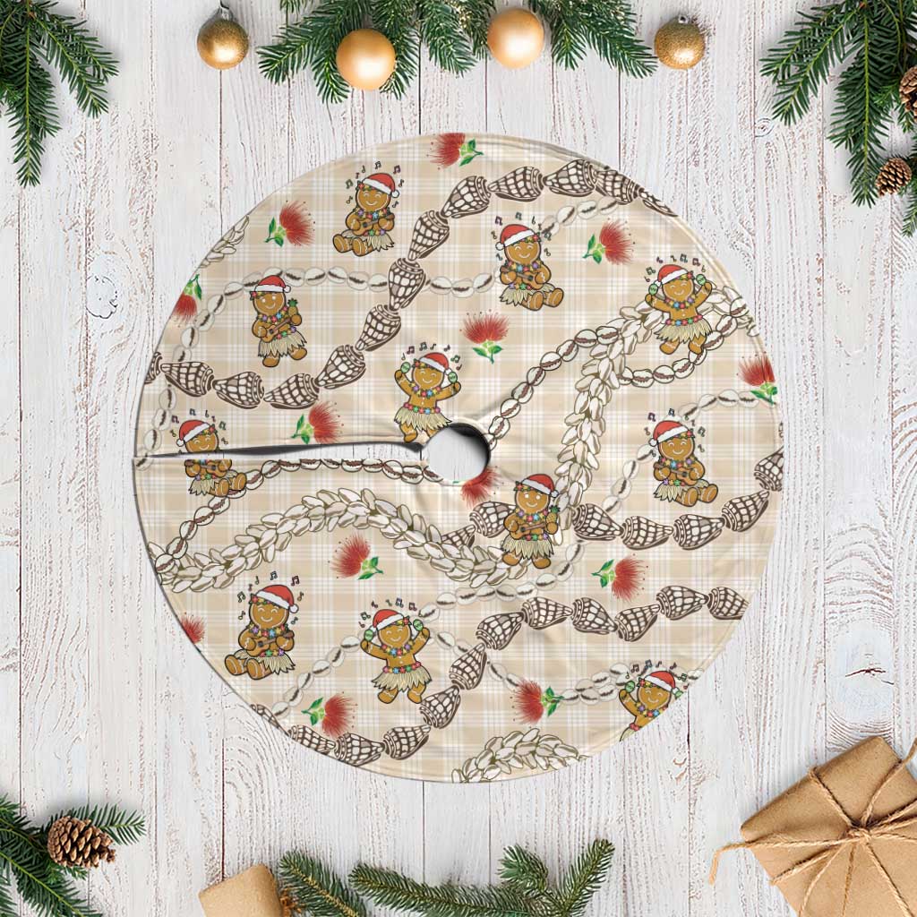 Beige Palaka Hawaii Mele Kalikimaka Tree Skirt Ohia Lehua Shell Leis Funny Gingerbread Santa - Polynesian Pride