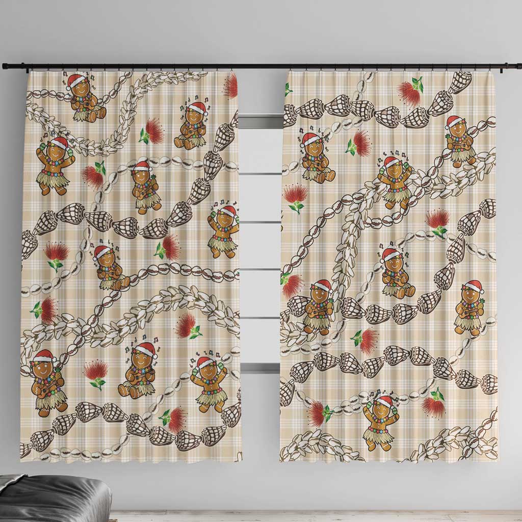 Beige Palaka Hawaii Mele Kalikimaka Window Curtain Ohia Lehua Shell Leis Funny Gingerbread Santa - Polynesian Pride