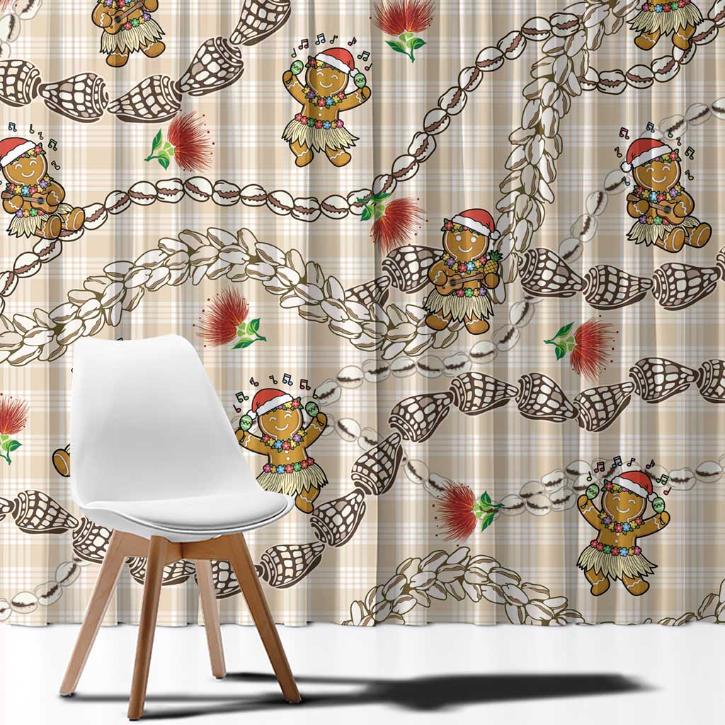 Beige Palaka Hawaii Mele Kalikimaka Window Curtain Ohia Lehua Shell Leis Funny Gingerbread Santa - Polynesian Pride