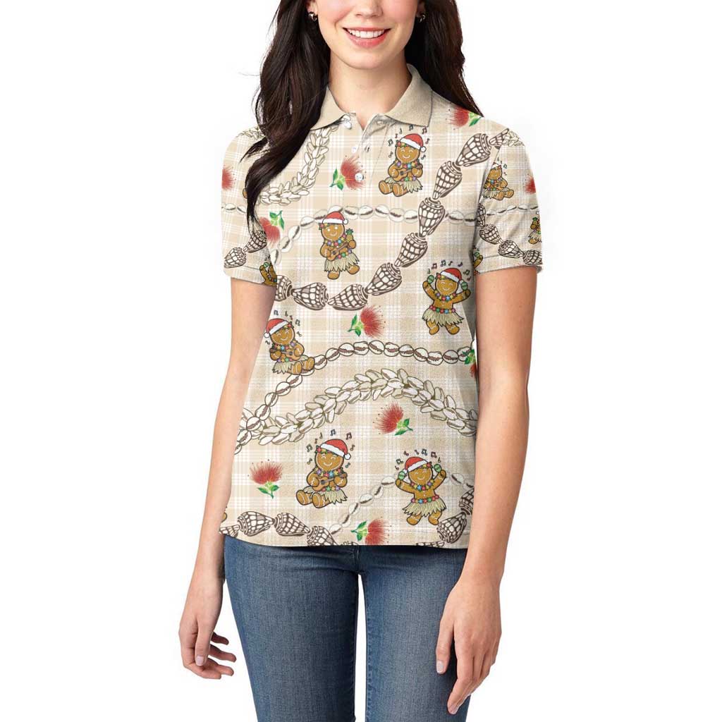 Beige Palaka Hawaii Mele Kalikimaka Women Polo Shirt Ohia Lehua Shell Leis Funny Gingerbread Santa - Polynesian Pride